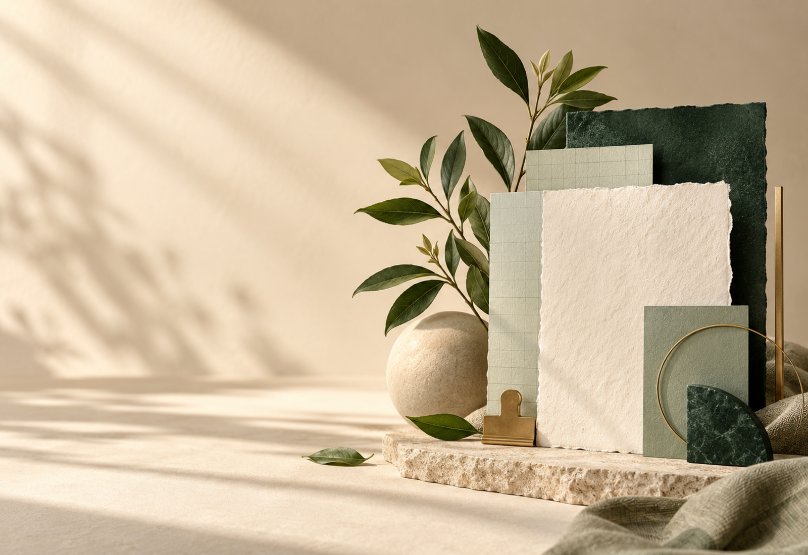 Layered botanical and ledger-inspired composition in green, cream, and gold
